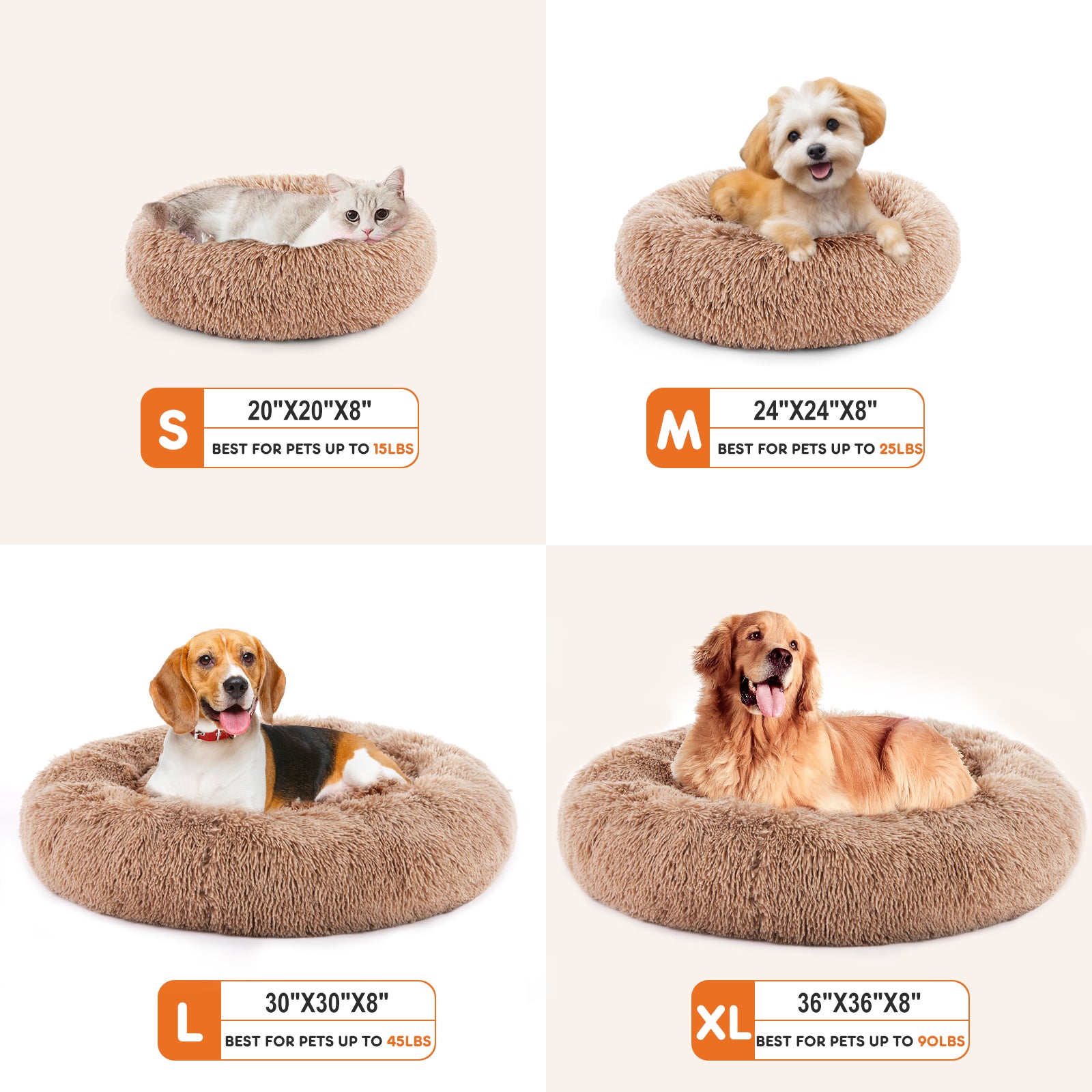 Four sizes of round plush pet beds with pets 