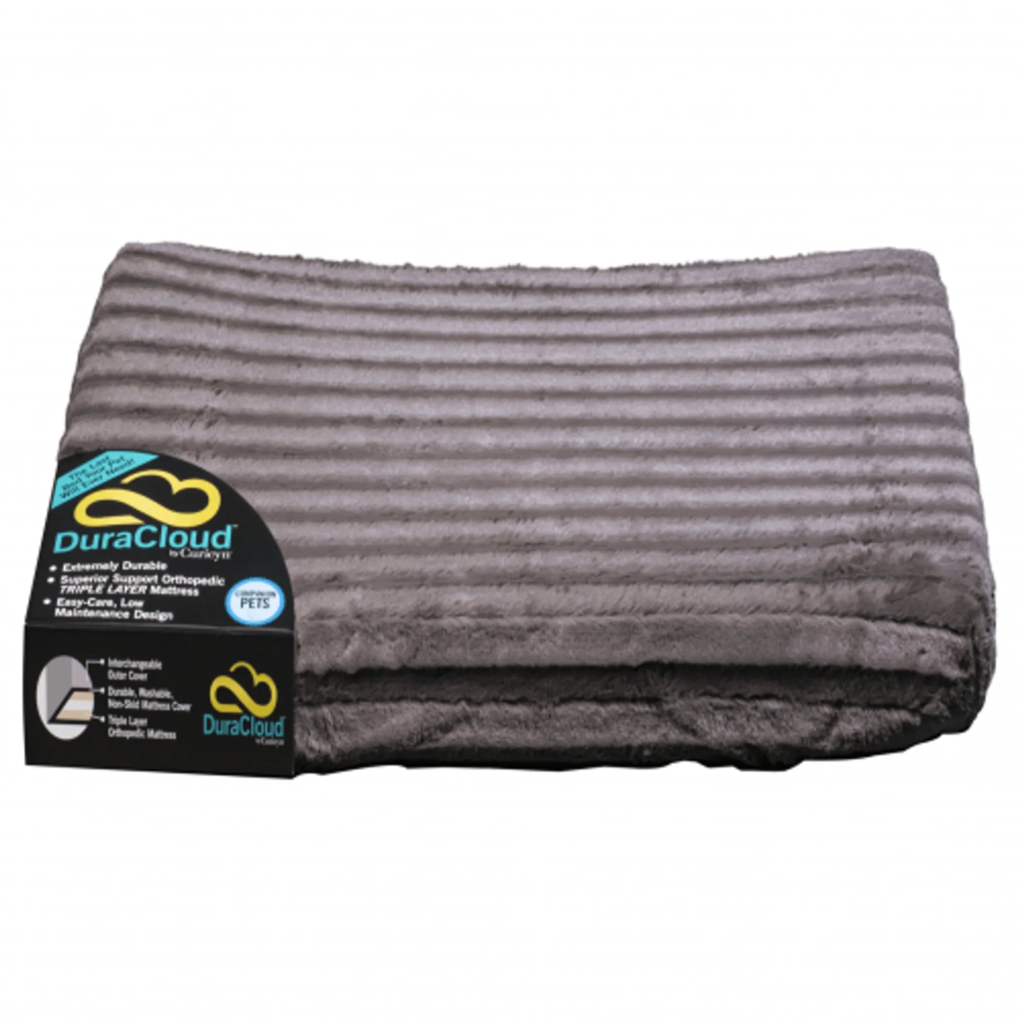 Gray mattress topper with DuraCloud label 