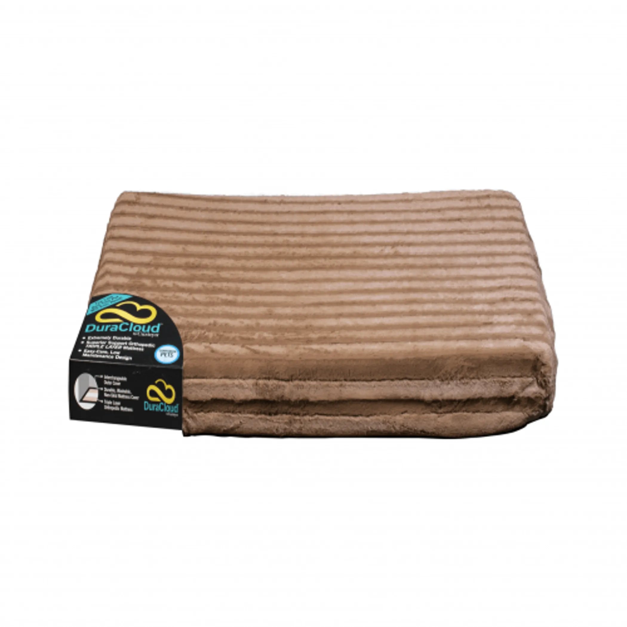 Brown DuraCloud pet bed with a DuraCloud label