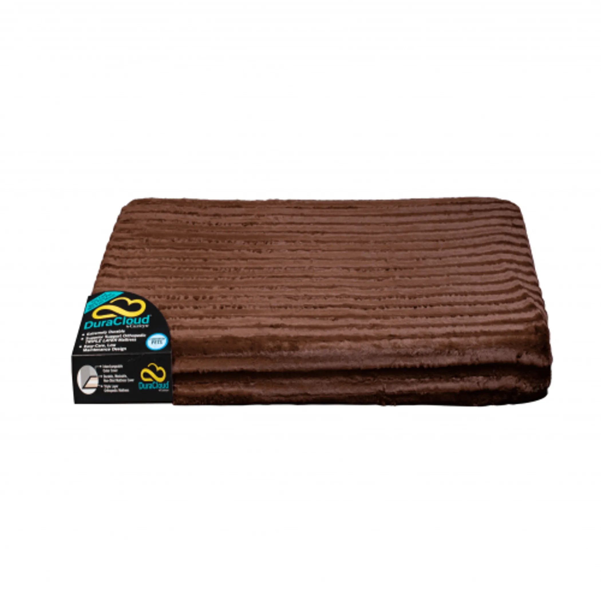 Brown DuraCloud mattress topper with DuraCloud logo 