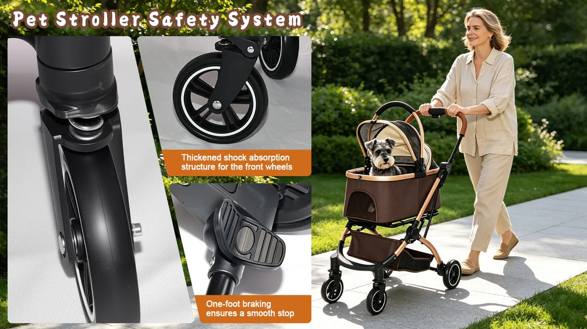 Foldable 4 Wheel Pet Stroller. Quick One-Hand Fold, Detachable Carry Basket (Brown or Black)