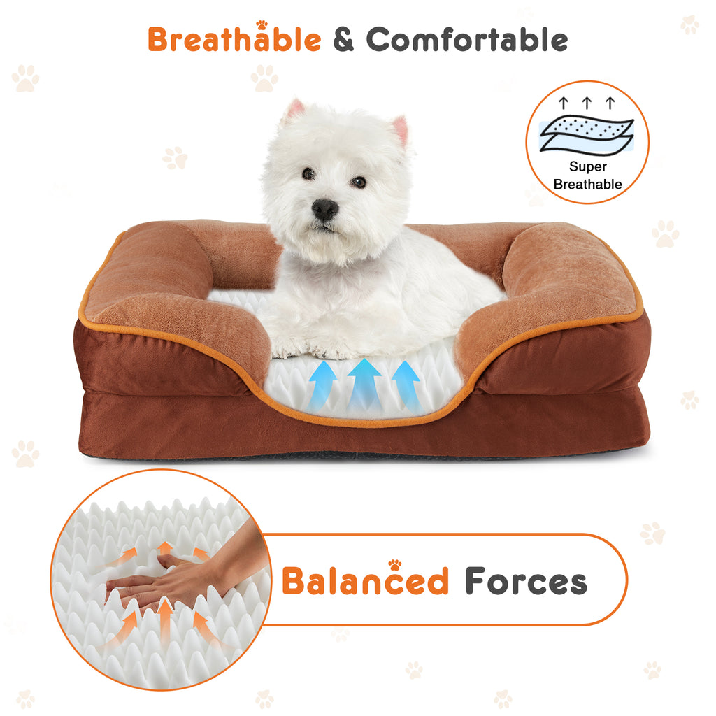 Brown pet bed with a white dog, labeled 'Breathable & Comfortable' and 'Balanced Forces'.