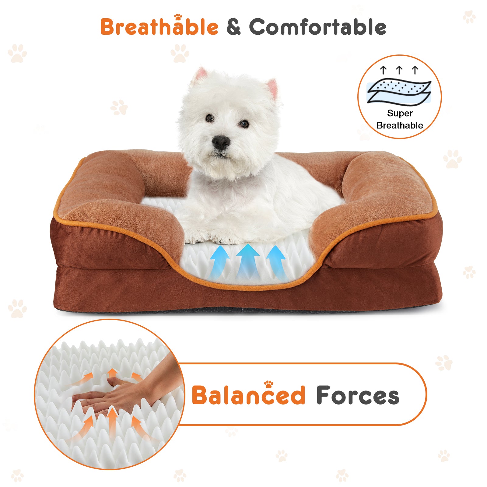 Brown pet bed with a white dog, labeled 'Breathable & Comfortable' and 'Balanced Forces'.