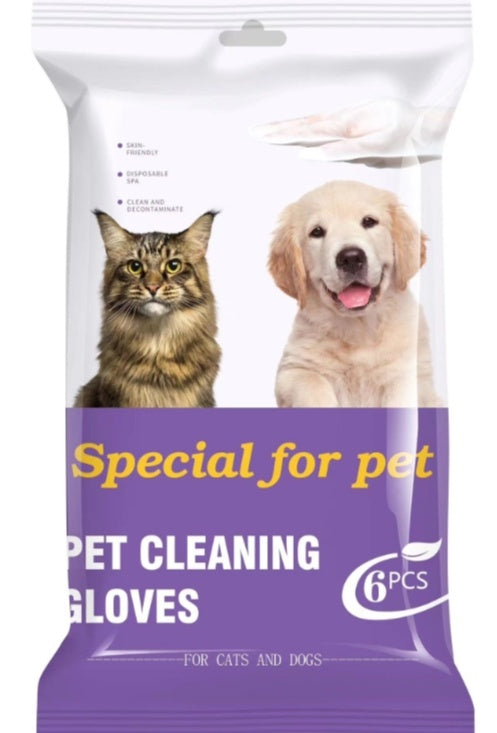 Pack of pet cleaning gloves with images of a cat and a dog on a purple background