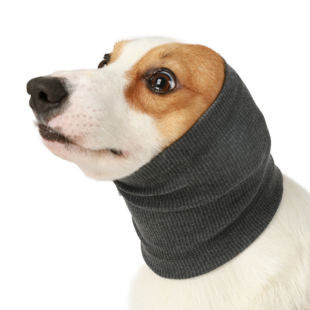 Dog wearing a gray knitted cowl or neck warmer