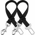 Two black strap dog seat belts with metal clasps