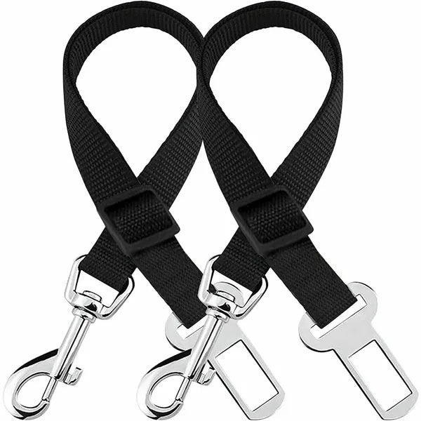 Two black strap dog seat belts with metal clasps