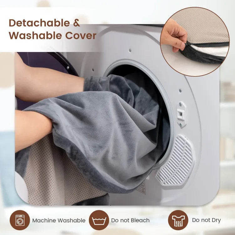 Person using a detachable and washable pet bed cover in a washing machine with text indicating care instructions.
