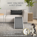 Pet ramp in a living room leading to a couch with a injured dog and text explaining benefits of ramp