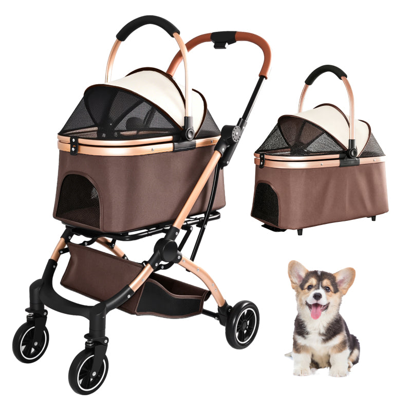 Foldable 4 Wheel Pet Stroller. Quick One-Hand Fold, Detachable Carry Basket (Brown or Black)