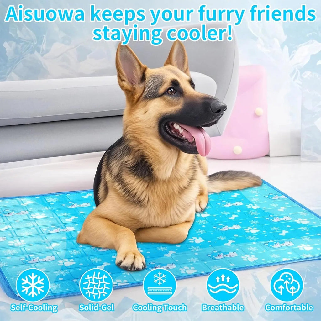 German sheppard lying on a blue cooling pad with text highlighting features and benefits