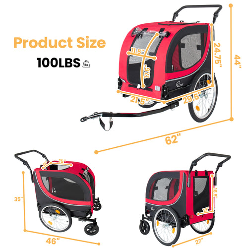 2-in-1 Bike Trailer & Pet Stroller For Dogs Up To 100lbs | Foldable Cart With 8" front caster and 20"Quick Release Air-Filled Wheels, PVC Rain Cover