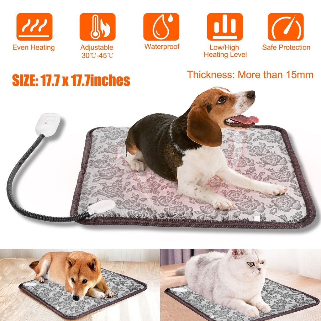 Dog and cat lying on a heating pad with product features and size highlighted