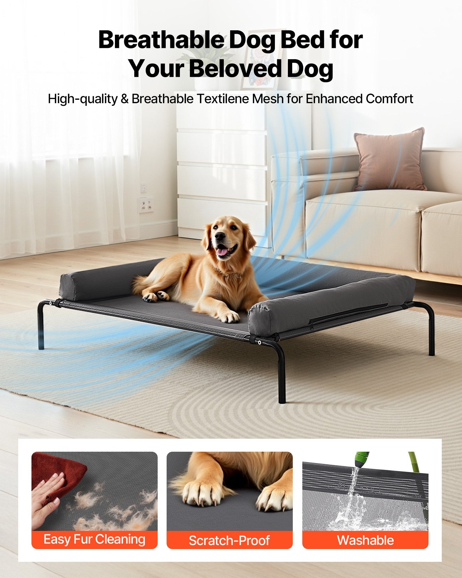 Dog lying on a breathable dog bed with features highlighted in a living room setting.