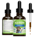 Two amber glass dropper bottles of Pet Wellbeing Old Friend Health Supplement for senior dogs, with one bottle showing the back label and the other showing the front label, alongside a single dropper containing the supplement liquid.
