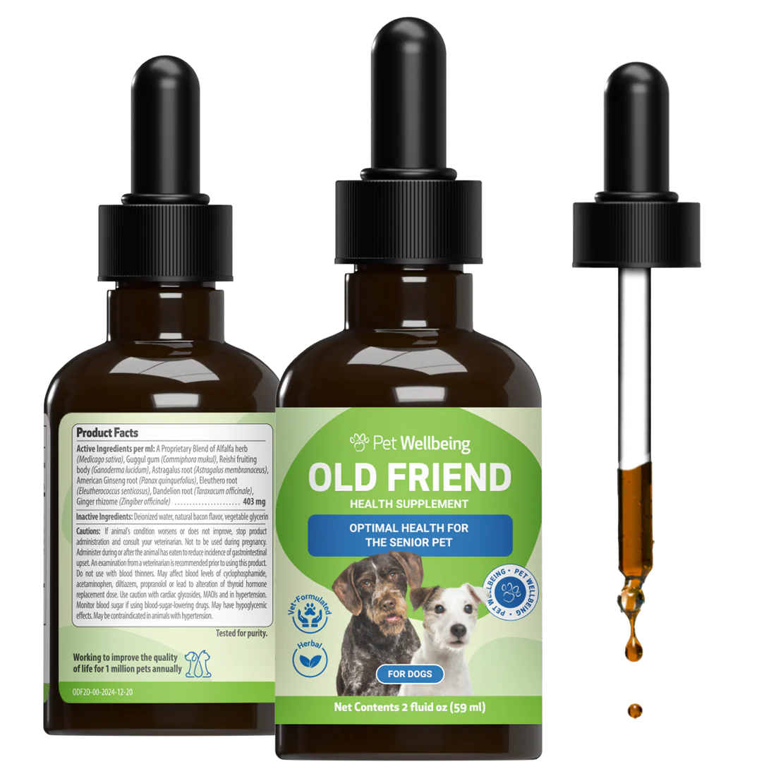 Two amber glass dropper bottles of Pet Wellbeing Old Friend Health Supplement for senior dogs, with one bottle showing the back label and the other showing the front label, alongside a single dropper containing the supplement liquid.
