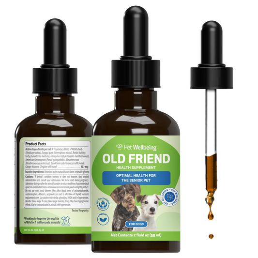 Two amber glass dropper bottles of Pet Wellbeing Old Friend Health Supplement for senior dogs, with one bottle showing the back label and the other showing the front label, alongside a single dropper containing the supplement liquid.