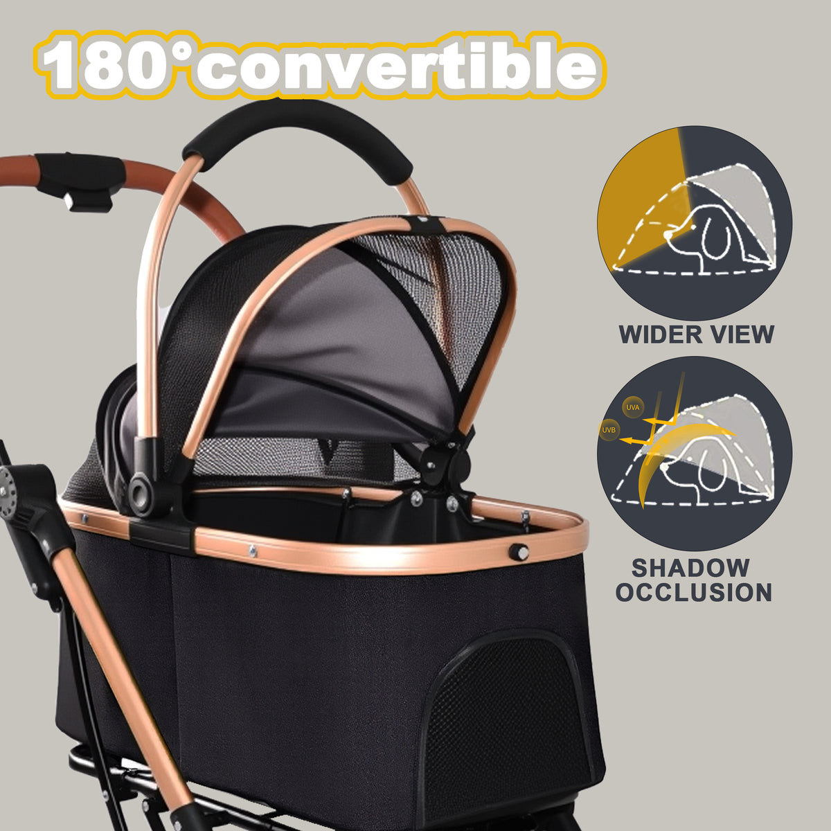 Foldable 4 Wheel Pet Stroller. Quick One-Hand Fold, Detachable Carry Basket (Brown or Black)