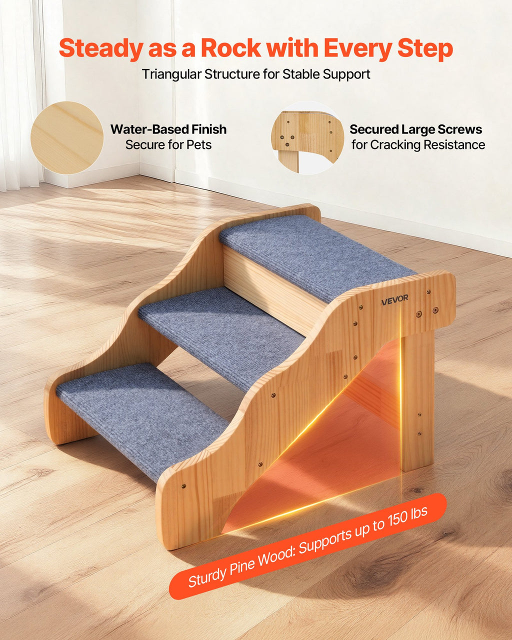 Wooden pet stairs with blue carpeting on a wooden floor, featuring text about stability and durability.