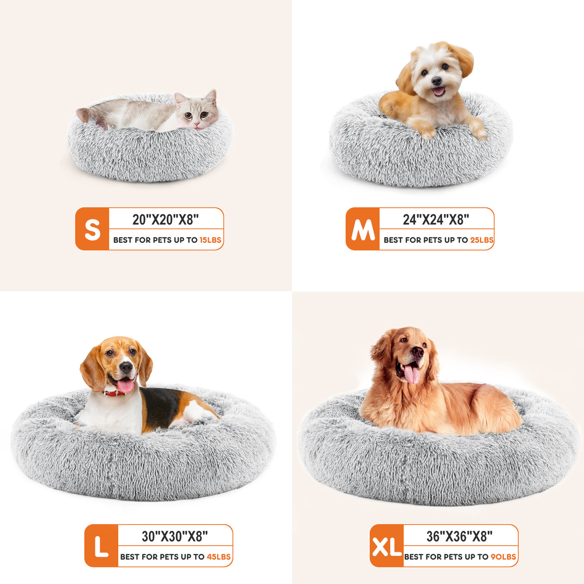 Four sizes of gray pet beds with pets