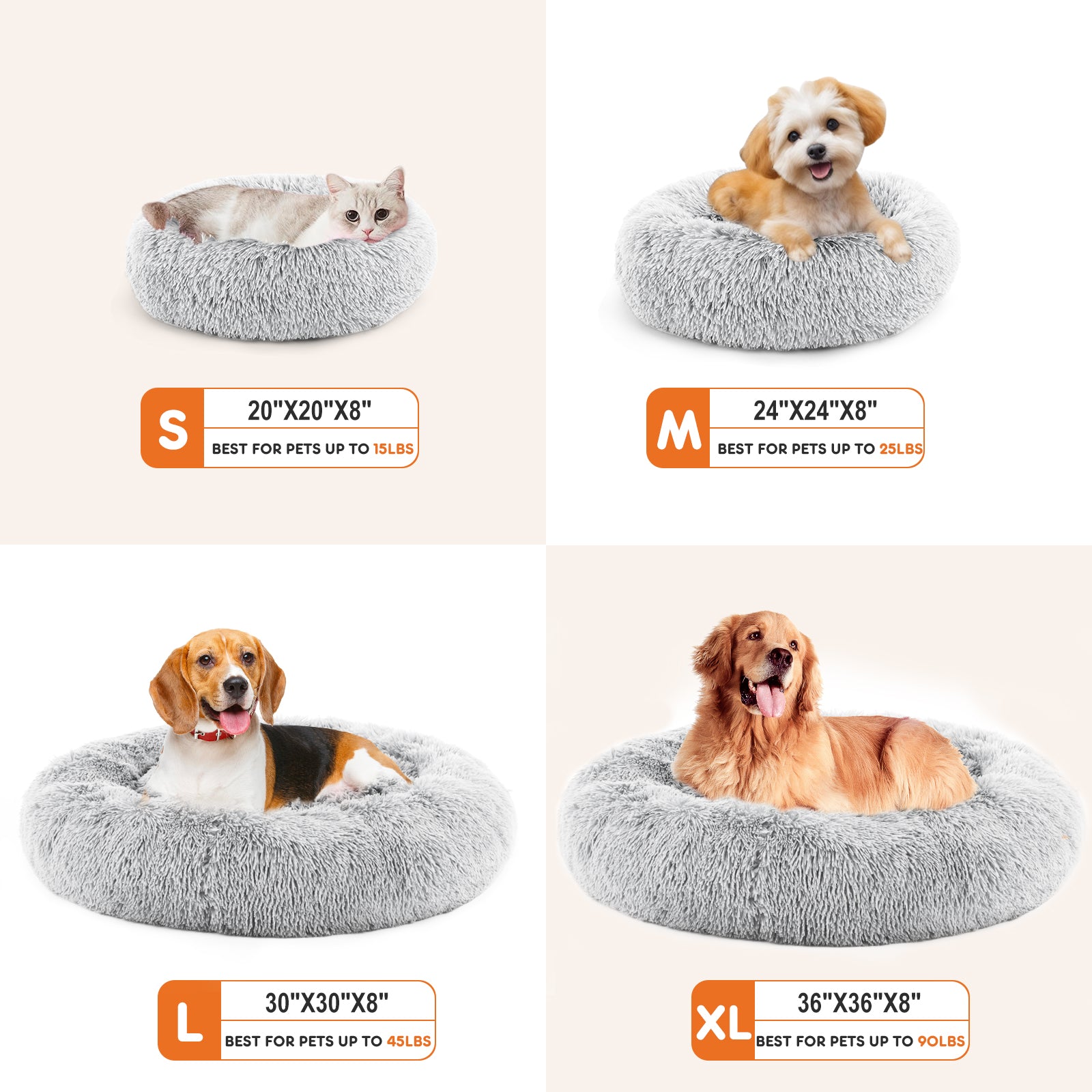 Four sizes of gray pet beds with pets