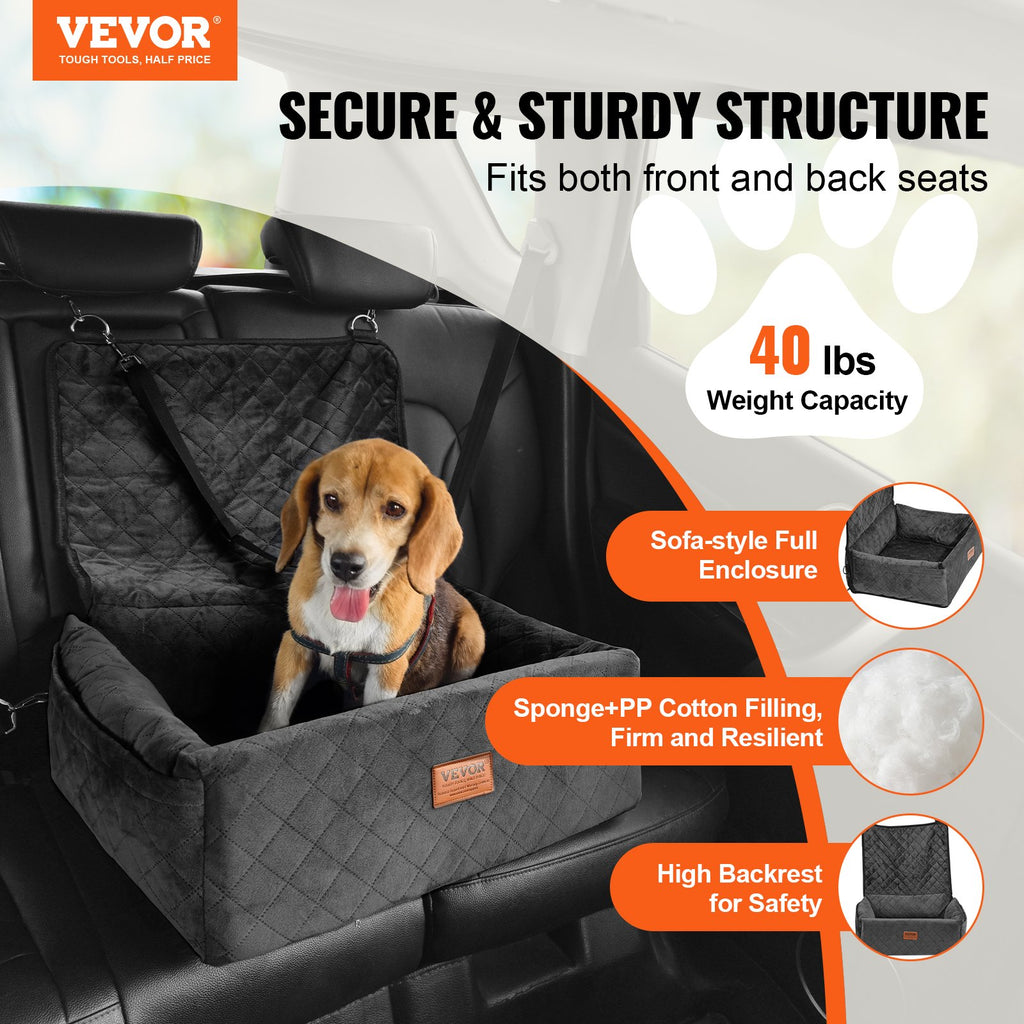 Dog car seat  with a dog inside, featuring VEVOR branding and product features.