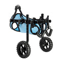 Dog wheelchair for small dog with blue mesh cover and black frame