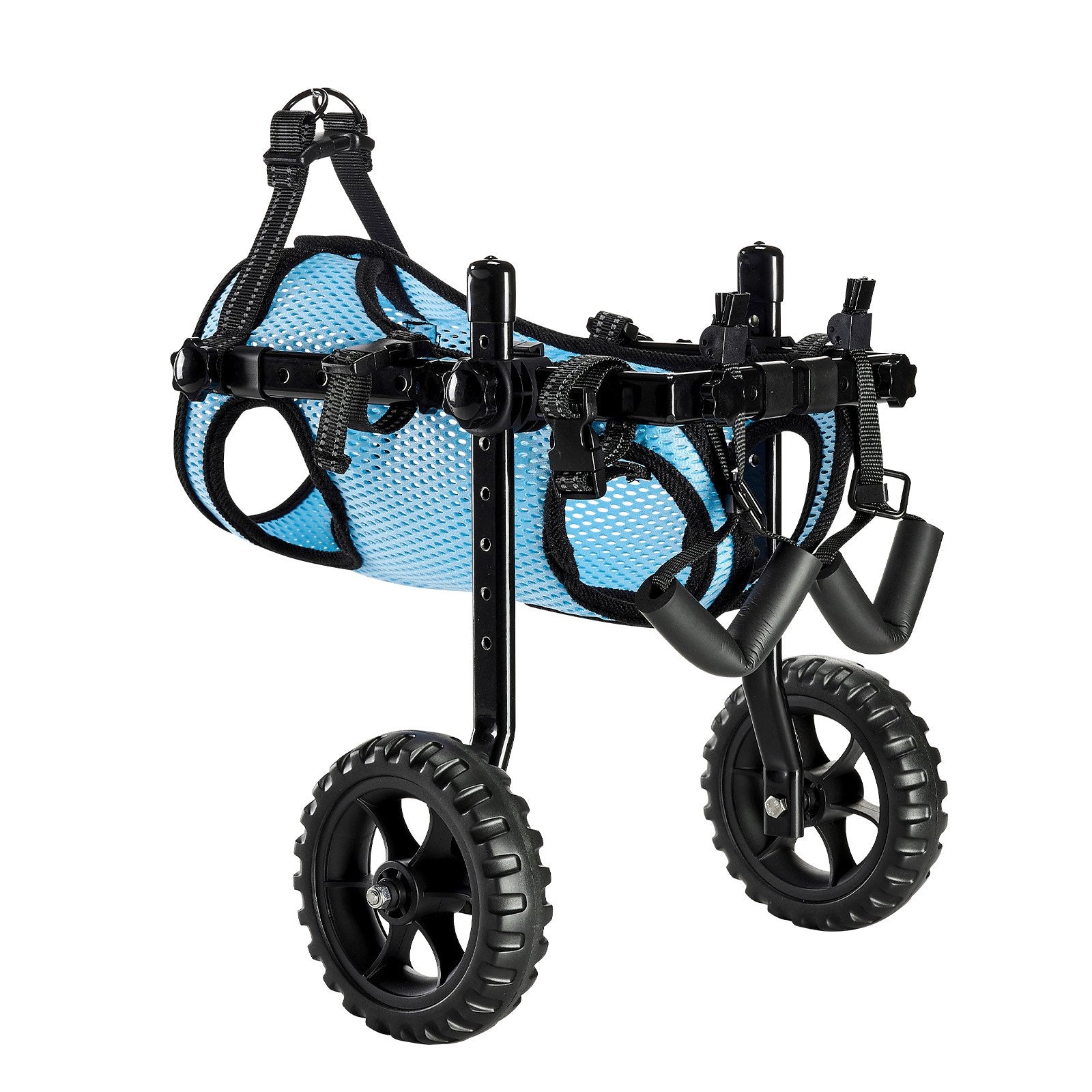 Dog wheelchair for small dog with blue mesh cover and black frame