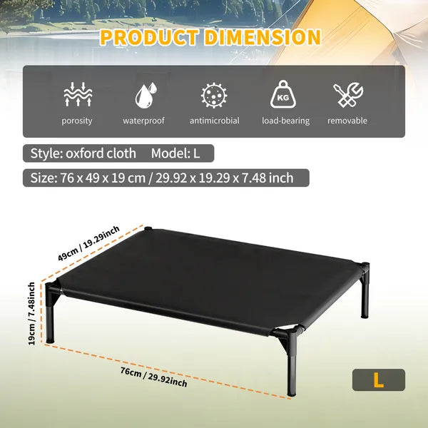 Black raised pet bed with dimensions and product features