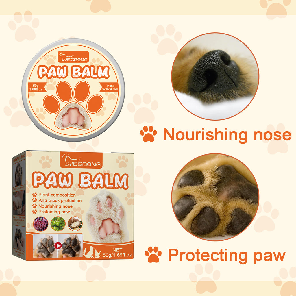 Pet paw balm packaging with images of a dog's paw and nose 