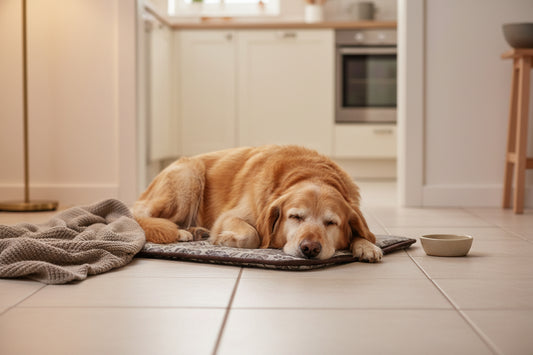 Yellow dog laying on a Floral patterned heating pad n a tile floor