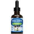 Bottle of Pet Wellbeing Agile Joints health supplement for cats, featuring a dark amber glass bottle with cat images.