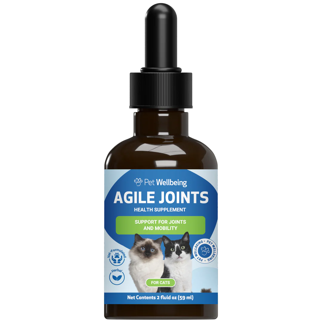 Bottle of Pet Wellbeing Agile Joints health supplement for cats, featuring a dark amber glass bottle with cat images.