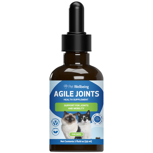 Bottle of Pet Wellbeing Agile Joints health supplement for cats, featuring a dark amber glass bottle with cat images.