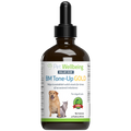 4 oz amber glass dropper bottle of Pet Wellbeing BM Tone-Up Gold supplement, featuring  a golden retriever, and a cat