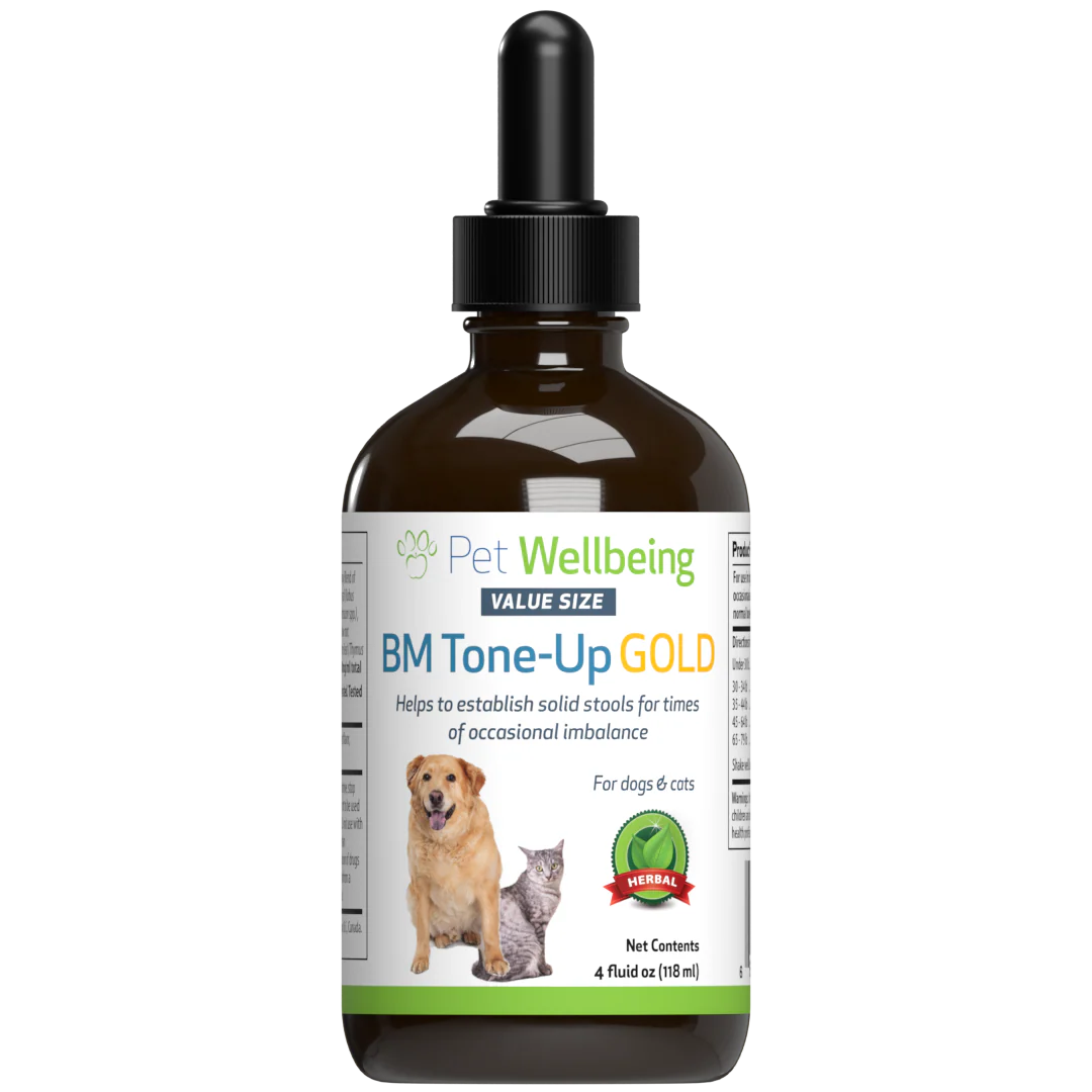 4 oz amber glass dropper bottle of Pet Wellbeing BM Tone-Up Gold supplement, featuring  a golden retriever, and a cat