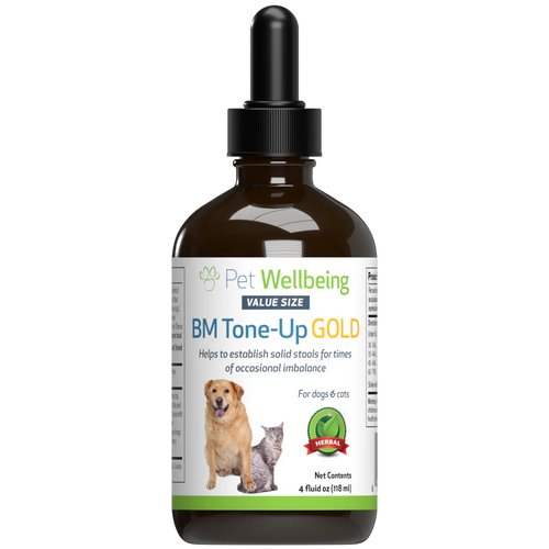 4 oz amber glass dropper bottle of Pet Wellbeing BM Tone-Up Gold supplement, featuring  a golden retriever, and a cat