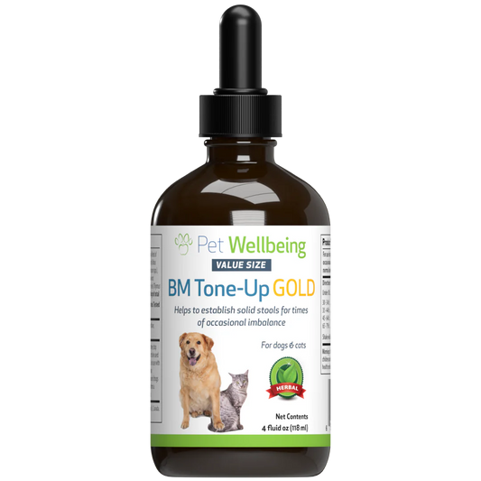 4 oz amber glass dropper bottle of Pet Wellbeing BM Tone-Up Gold supplement, featuring  a golden retriever, and a cat