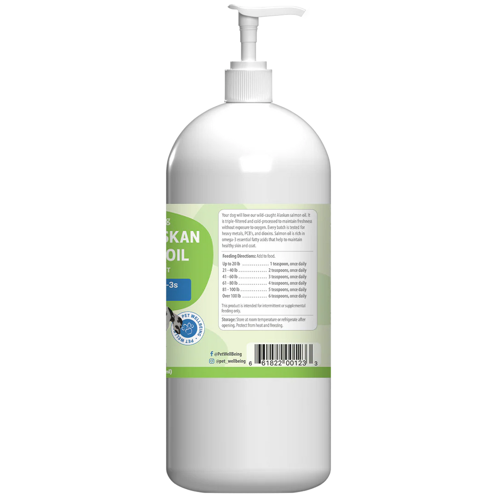 Back left of a large white plastic pump bottle of Pet Wellness Wild Alaskan Salmon Oil for dogs