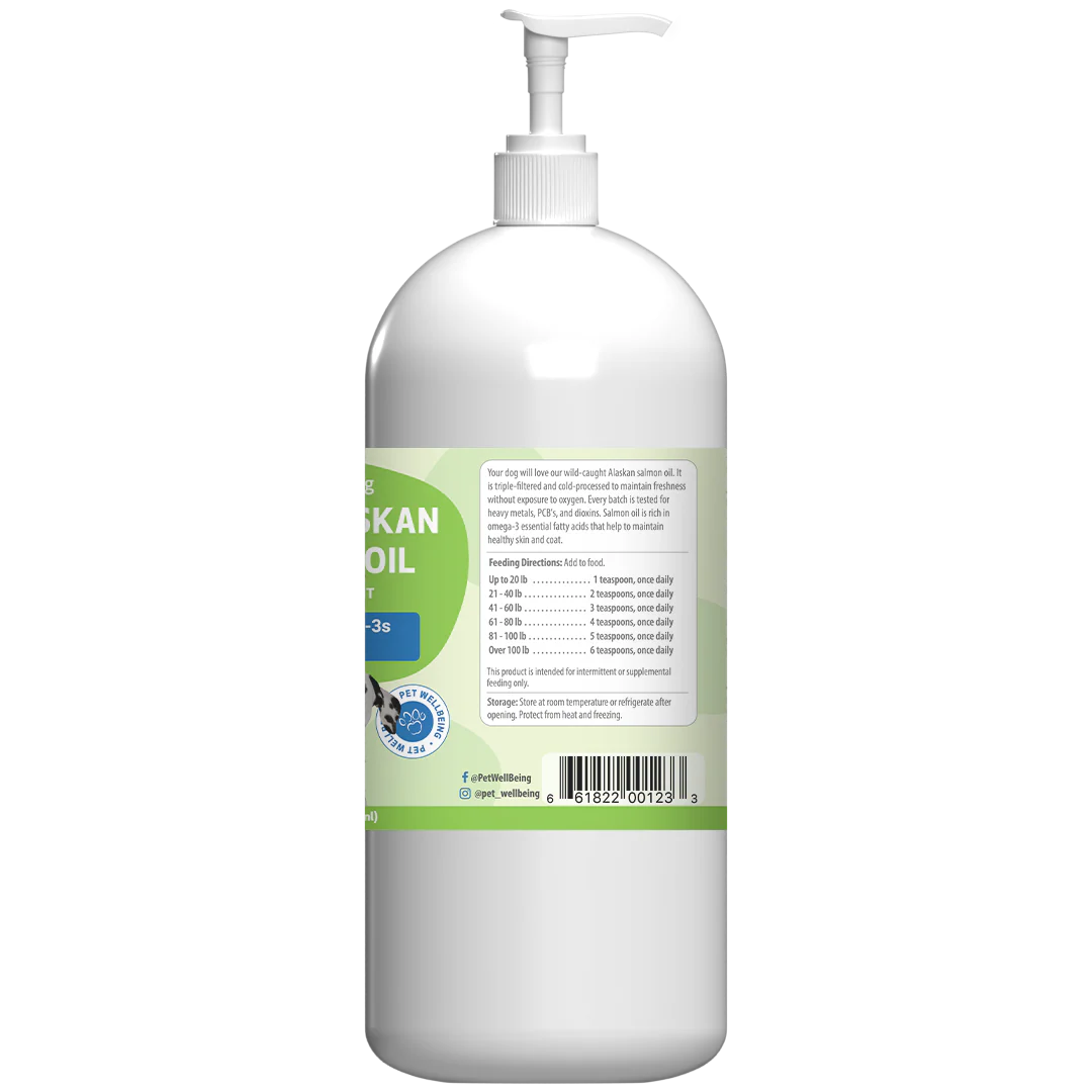 Back left of a large white plastic pump bottle of Pet Wellness Wild Alaskan Salmon Oil for dogs