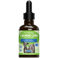  bottle of Pet Wellbeing Calming Care health supplement for dogs, featuring a dark amber glass bottle with a black dropper cap 