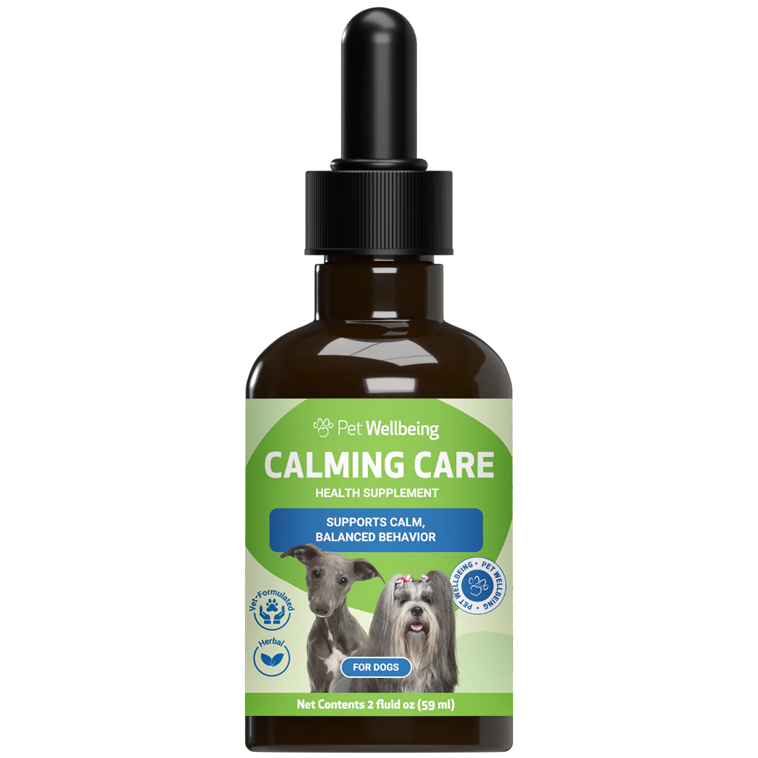  bottle of Pet Wellbeing Calming Care health supplement for dogs, featuring a dark amber glass bottle with a black dropper cap 