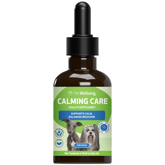  bottle of Pet Wellbeing Calming Care health supplement for dogs, featuring a dark amber glass bottle with a black dropper cap 