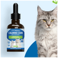 bottle of Pet Wellbeing Calming Care cat supplement next to a fluffy gray long-haired cat 