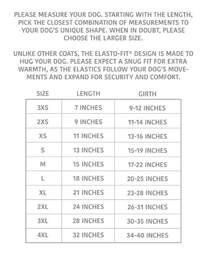 A sizing chart for an Elasto-Fit dog hug fit, showing sizes from 3XS to 4XL with corresponding length and girth measurements in a clean table format.