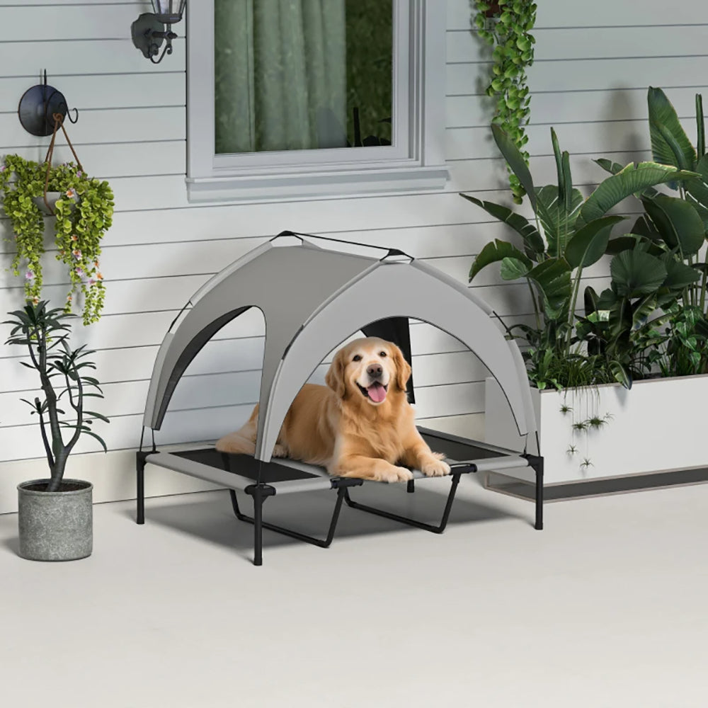 Dog lying on a elevated pet bed with canopy in an outdoor setting - Left