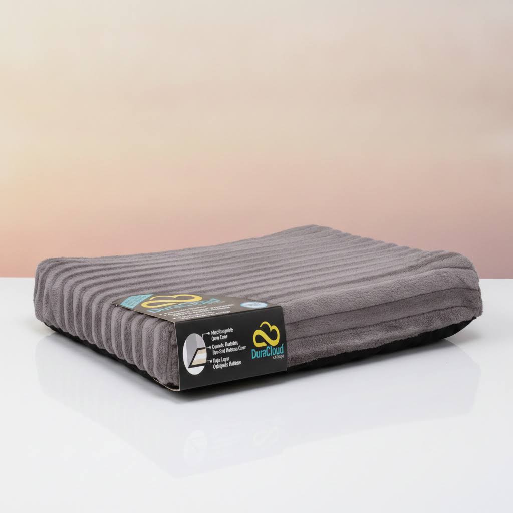 A charcoal colored fleece DuraCloud orthopedic pet bed from Curicyn, displayed on a white surface against a warm beige gradient background.