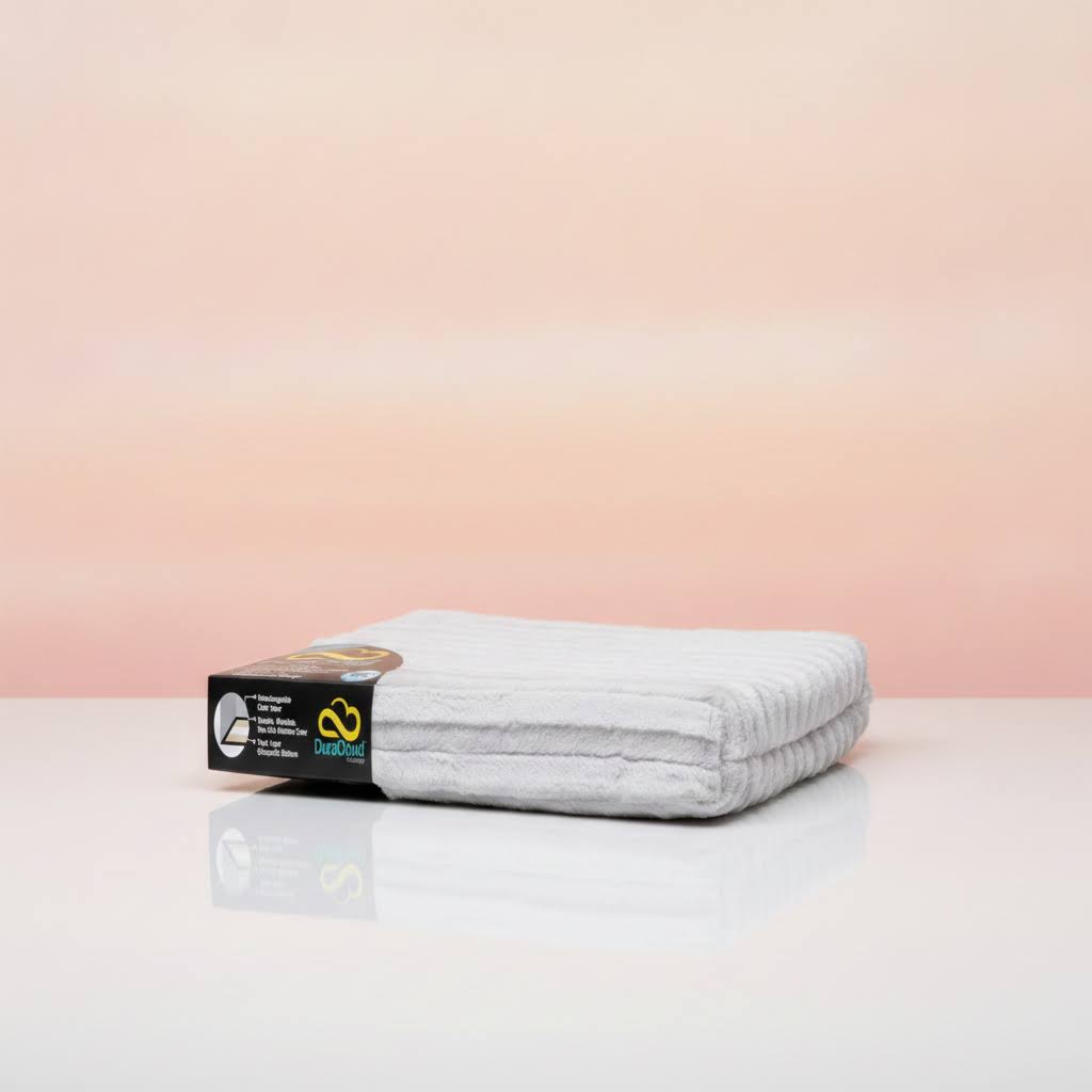 A silver fleece DuraCloud orthopedic pet bed from Curicyn, displayed on a white surface against a warm beige gradient background.