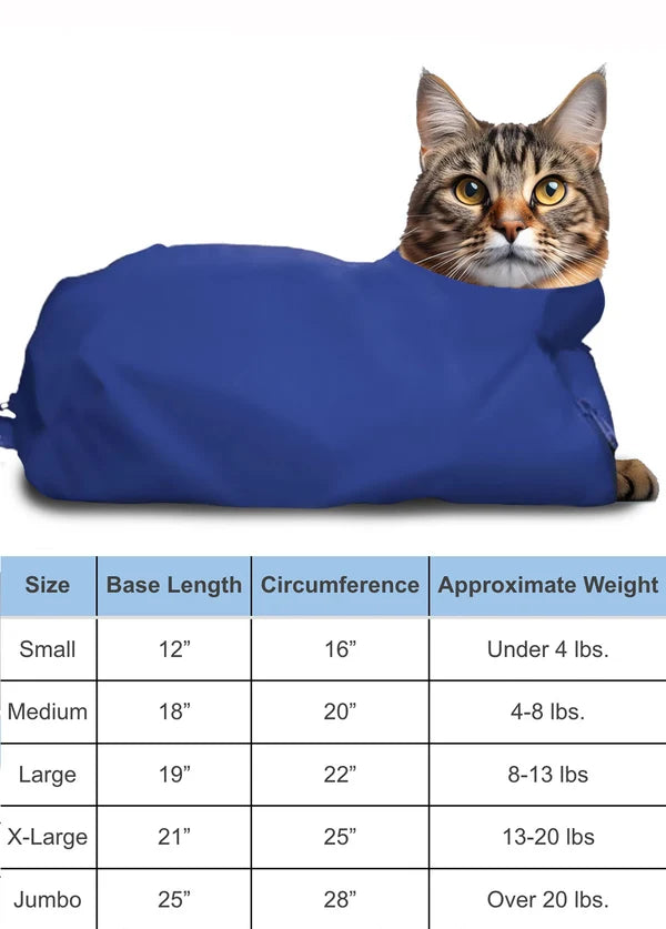 A cat laying inside a cat sack above a size chart table detailing measurements for small, medium, large, X-Large, and jumbo sizes.