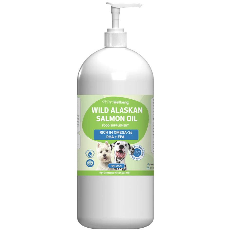 Front of a large white plastic pump bottle of Pet Wellness Wild Alaskan Salmon Oil for dogs